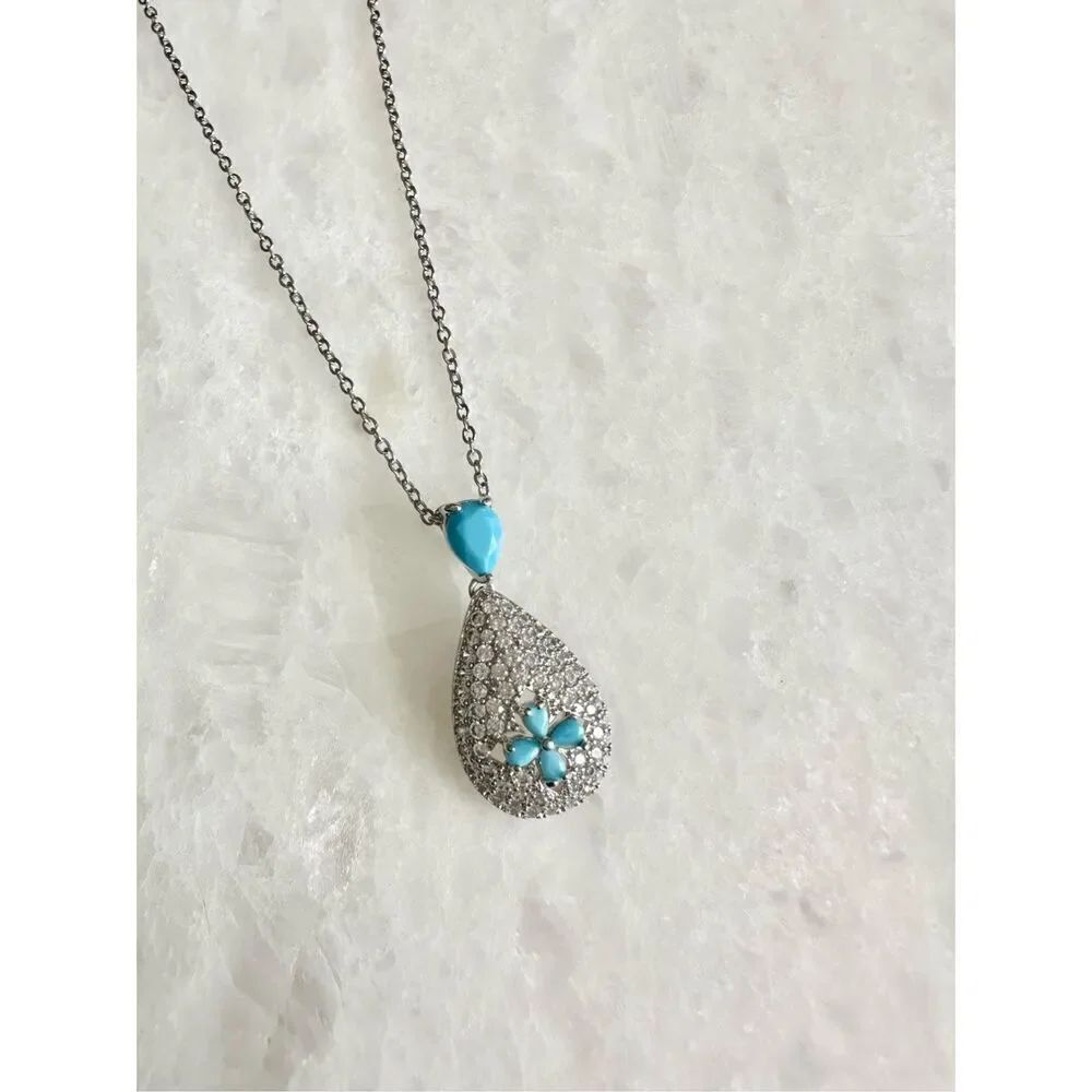 Turquoise CZ Teardrop Necklace | Blue Flower Pendant | Silver Tone
